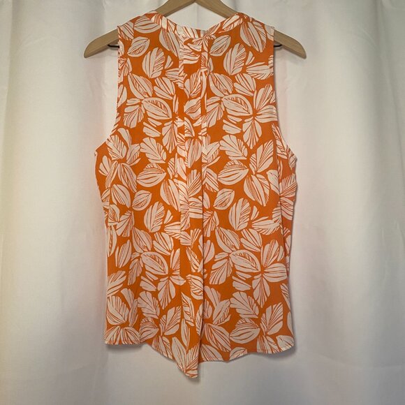 41 HAWTHORN Orange White Leaf Print Breyson Pleat Split Neck Blouse Womens L EUC - Picture 2 of 7